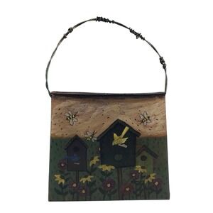 Vintage Metal Basket Wall Art Birdhouse Flower Bee Garden Scene‎ Hanging Decor